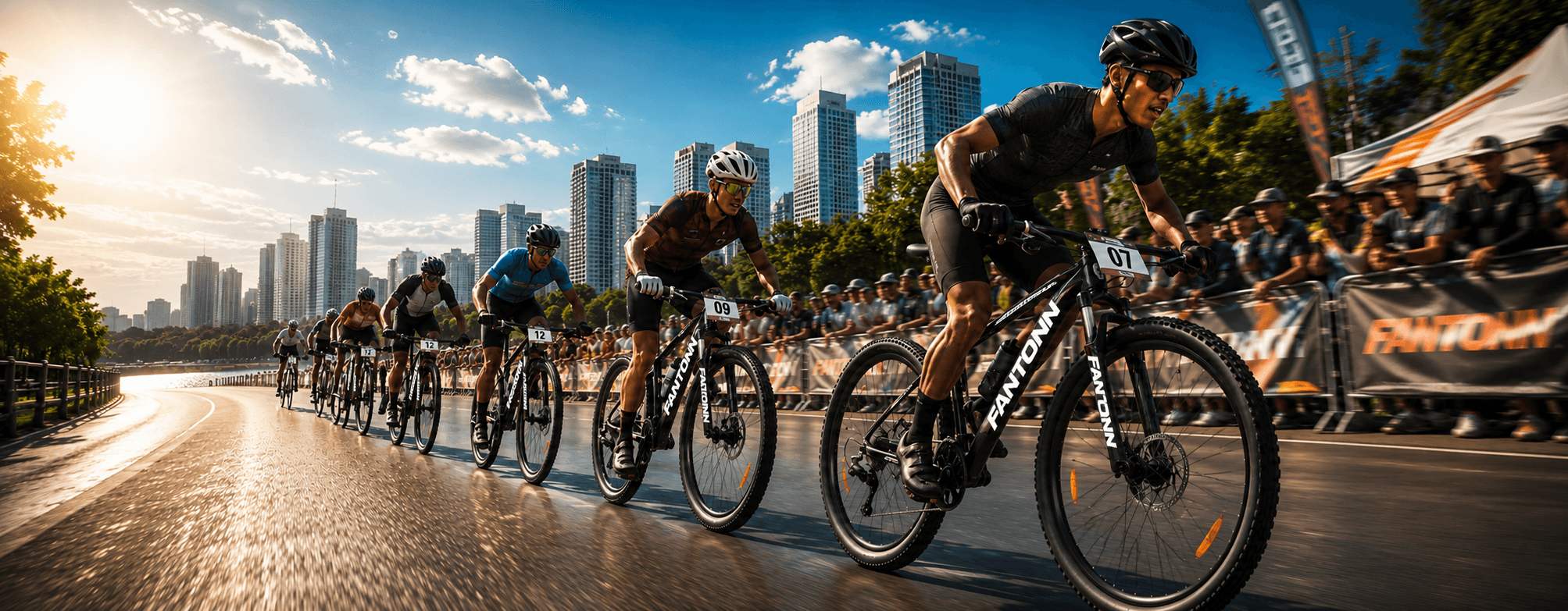 Cyclist cornering on a road bike along a coastal road