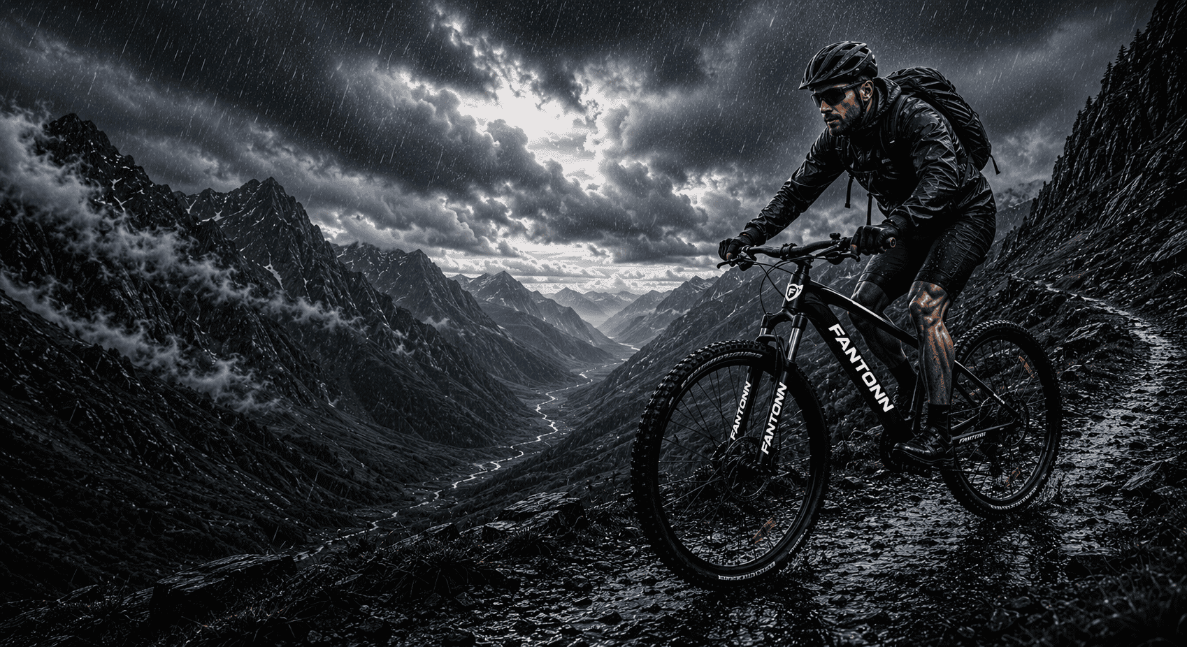 Fantonn bike on rocky trail with misty mountains