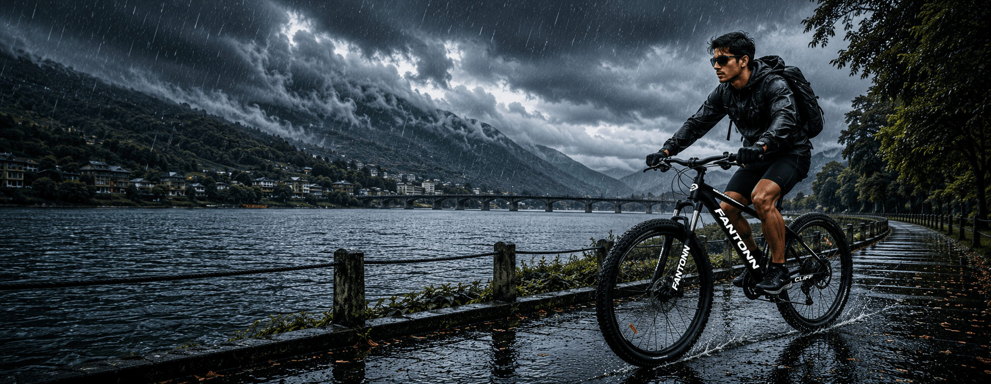 Fantonn bike on rocky trail with misty mountains